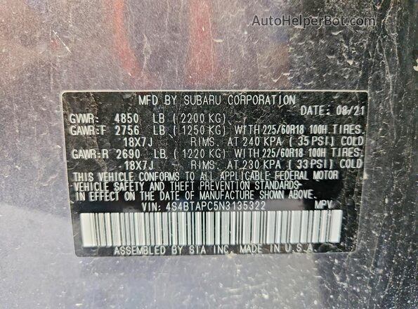 4S4BTAPC5N3135322 2022 SUBARU OUTBACK Gray ძრავის განყოფილების ხედი