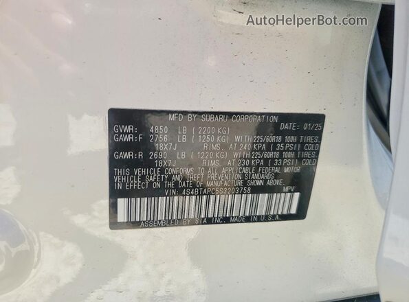 4S4BTAPC5S3203758 2025 SUBARU OUTBACK White Вид наклейки з VIN-кодом