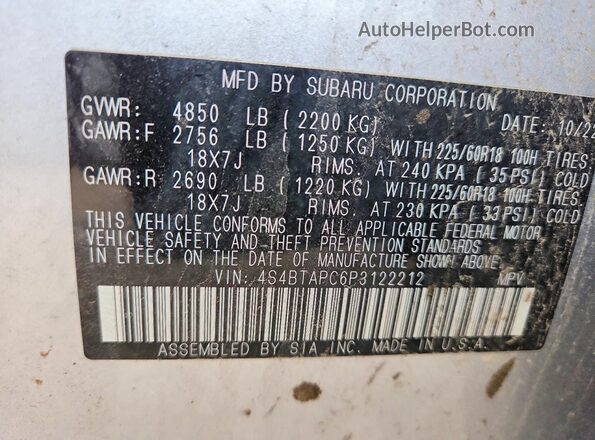 4S4BTAPC6P3122212 2023 SUBARU OUTBACK Silver VIN կոդի պիտակի տեսք