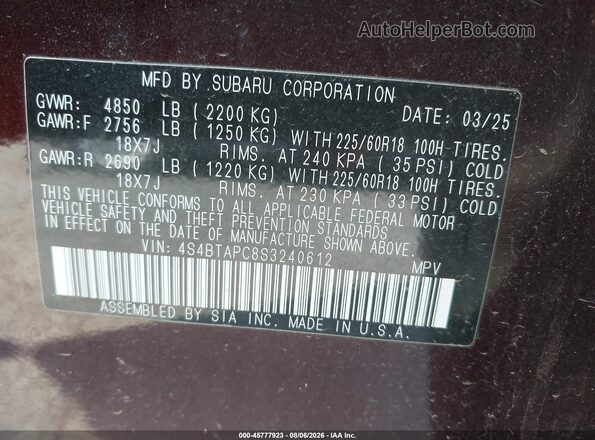 4S4BTAPC8S3240612 2025 SUBARU OUTBACK Burgundy Շարժիչի բաժամունքի տեսք