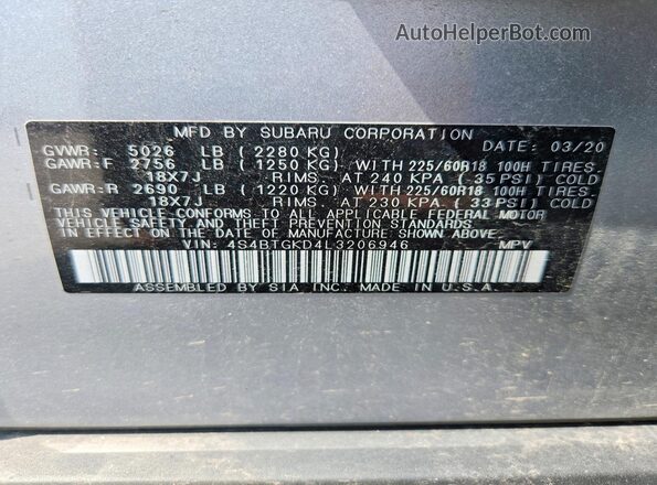 4S4BTGKD4L3206946 2020 SUBARU OUTBACK Silver VIN sticker view