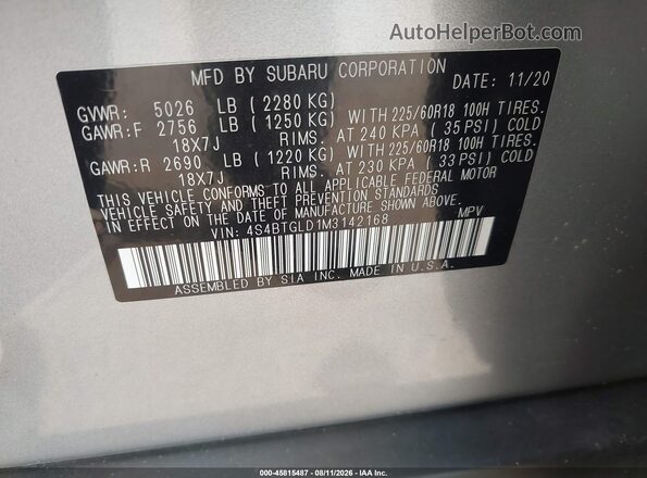 4S4BTGLD1M3142168 2021 SUBARU OUTBACK Gray Vista del compartimento del motor