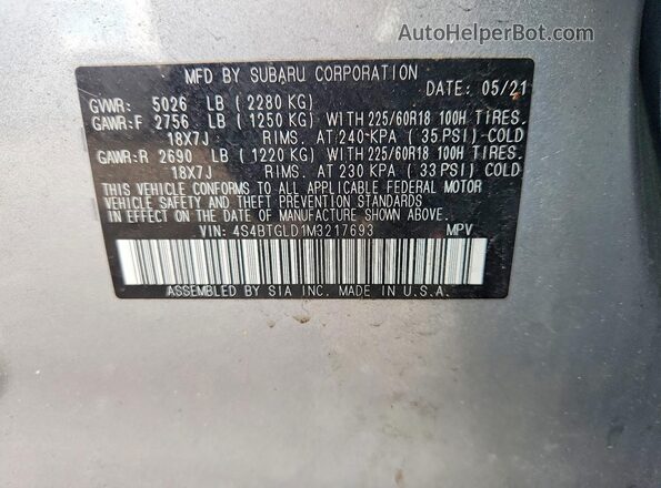 4S4BTGLD1M3217693 2021 SUBARU OUTBACK Серебряный Вид наклейки с VIN-кодом