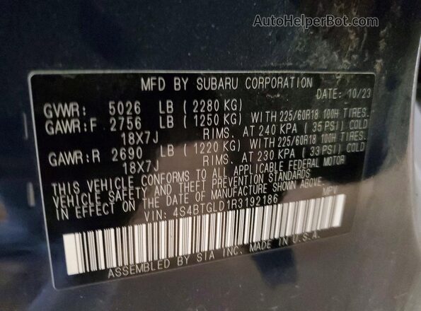 4S4BTGLD1R3192186 2024 SUBARU OUTBACK Blue Вид наклейки з VIN-кодом