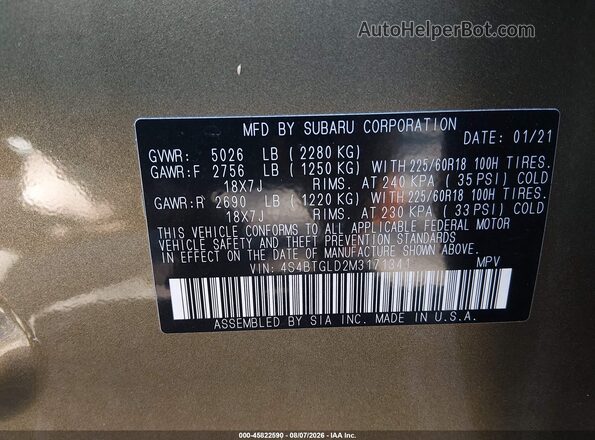 4S4BTGLD2M3171341 2021 SUBARU OUTBACK Green Vista del compartimento del motor