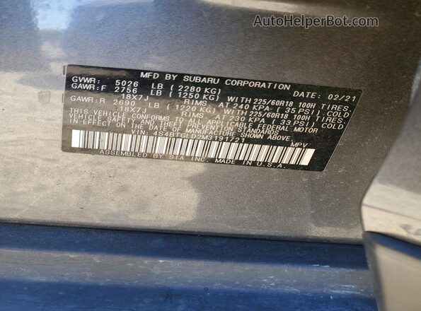 4S4BTGLD2M3191721 2021 SUBARU OUTBACK Gray Vista del compartimento del motor