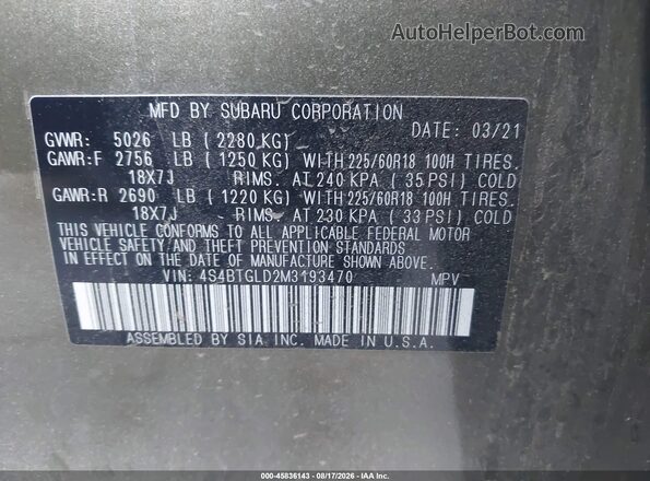 4S4BTGLD2M3193470 2021 SUBARU OUTBACK Green Vista del compartimento del motor
