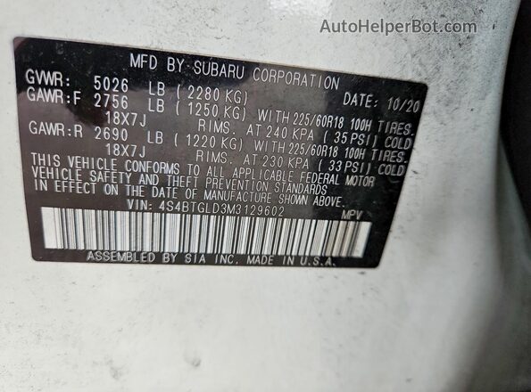 4S4BTGLD3M3129602 2021 SUBARU OUTBACK White Вид підкапотного простору