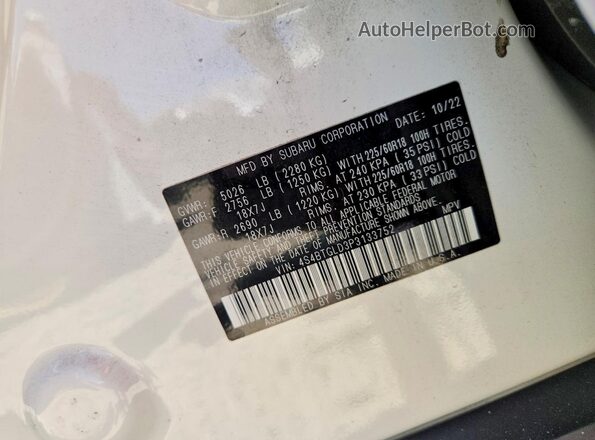 4S4BTGLD3P3133752 2023 SUBARU OUTBACK White VIN კოდის სტიკერის ხედი