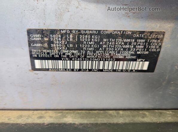 4S4BTGLD5M3151052 2021 SUBARU OUTBACK Серебряный Вид подкапотного пространства