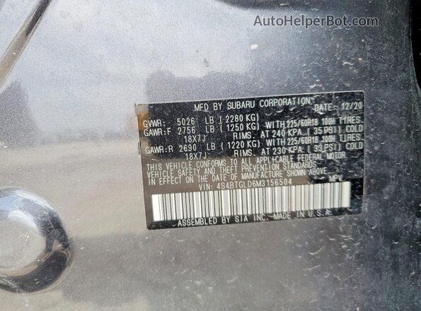 4S4BTGLD6M3156504 2021 SUBARU OUTBACK Серый Вид подкапотного пространства