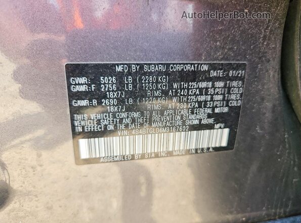 4S4BTGLD6M3167602 2021 SUBARU OUTBACK Gray Vista del compartimento del motor