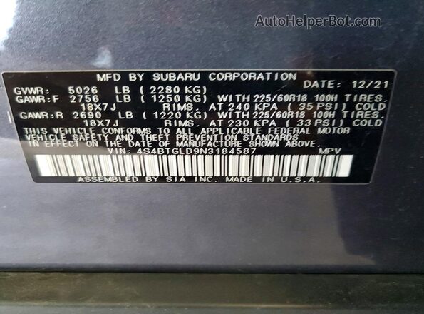 4S4BTGLD9N3184587 2022 SUBARU OUTBACK Gray Панорамний вид салону 360°