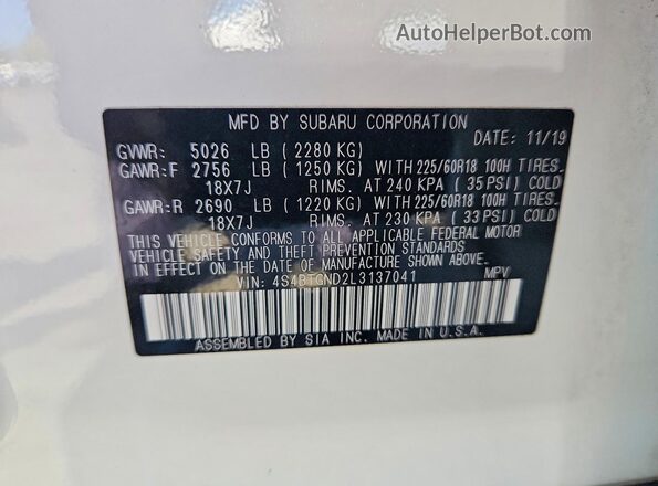 4S4BTGND2L3137041 2020 SUBARU OUTBACK Белый Вид наклейки с VIN-кодом