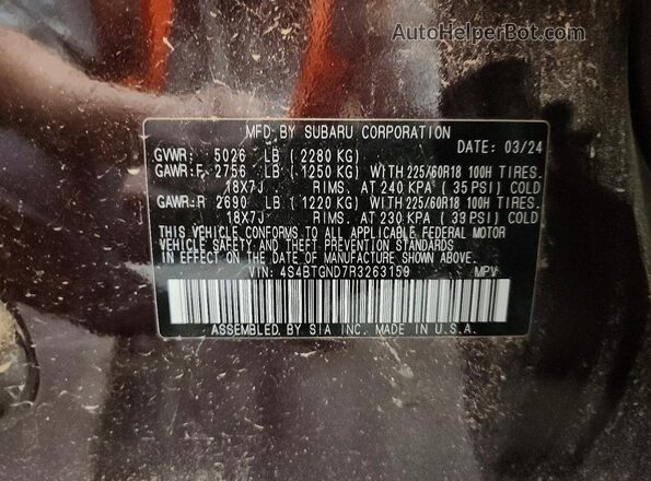 4S4BTGND7R3263159 2024 SUBARU OUTBACK Purple Vista de la etiqueta del VIN