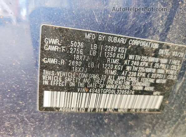 4S4BTGPD0L3205074 2020 SUBARU OUTBACK Blue Вид підкапотного простору