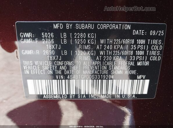 4S4BTGPD0S3319204 2025 SUBARU OUTBACK Красный Вид подкапотного пространства