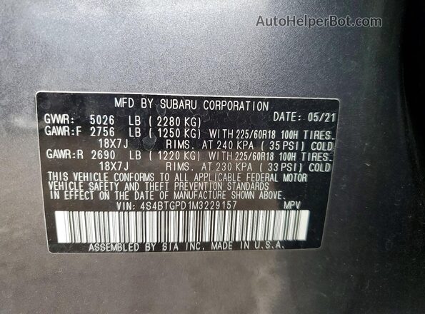 4S4BTGPD1M3229157 2021 SUBARU OUTBACK Gray Вид наклейки з VIN-кодом
