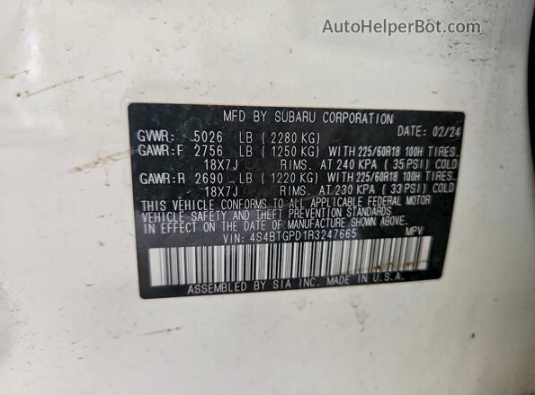 4S4BTGPD1R3247665 2024 SUBARU OUTBACK White VIN sticker view