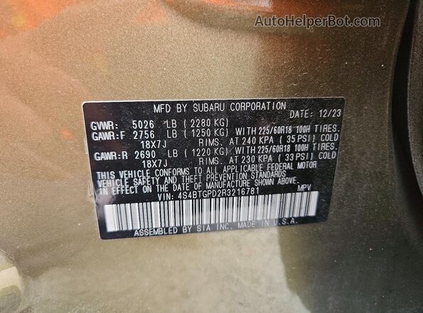 4S4BTGPD2R3216781 2024 SUBARU OUTBACK Зеленый Панорамный вид салона 360°