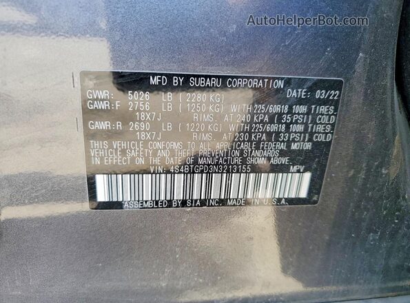 4S4BTGPD3N3213155 2022 SUBARU OUTBACK Серый Вид подкапотного пространства