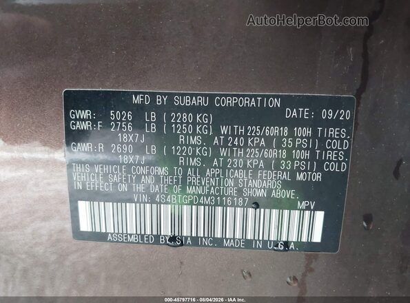 4S4BTGPD4M3116187 2021 SUBARU OUTBACK Brown Շարժիչի բաժամունքի տեսք