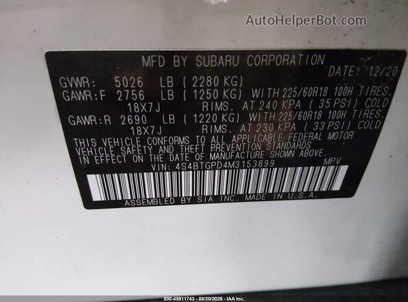 4S4BTGPD4M3153899 2021 SUBARU OUTBACK White ძრავის განყოფილების ხედი