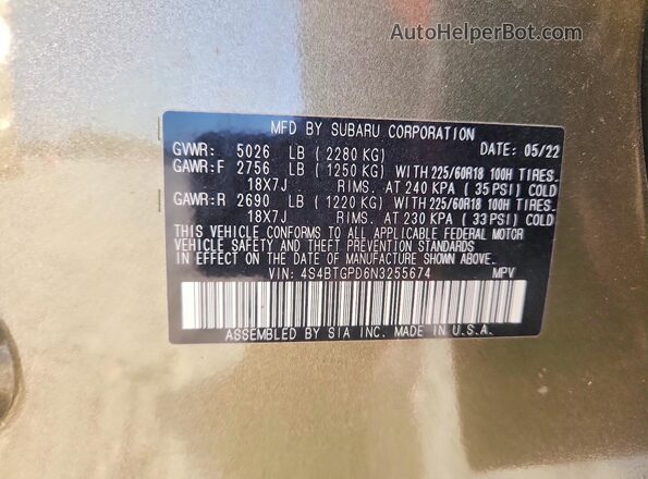 4S4BTGPD6N3255674 2022 SUBARU OUTBACK Green VIN կոդի պիտակի տեսք