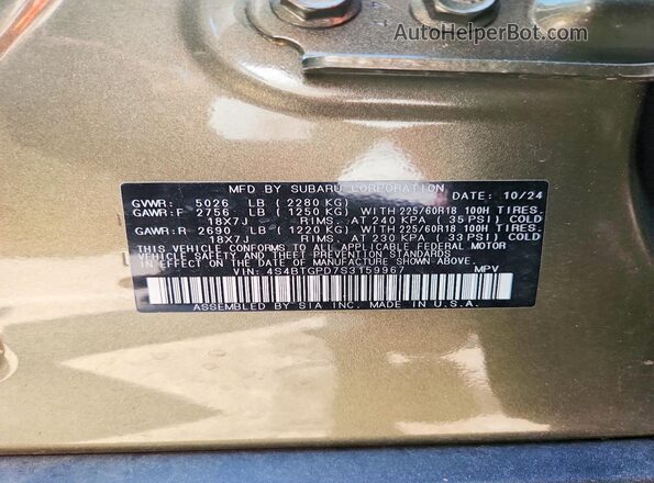 4S4BTGPD7S3159967 2025 SUBARU OUTBACK Gold Vista de la etiqueta del VIN