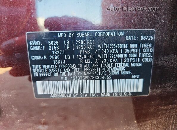 4S4BTGPD7S3304652 2025 SUBARU OUTBACK Burgundy Vista de la etiqueta del VIN