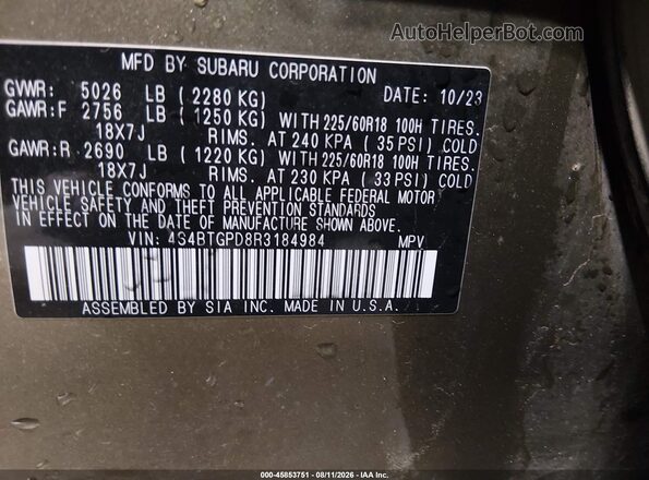 4S4BTGPD8R3184984 2024 SUBARU OUTBACK Green Շարժիչի բաժամունքի տեսք
