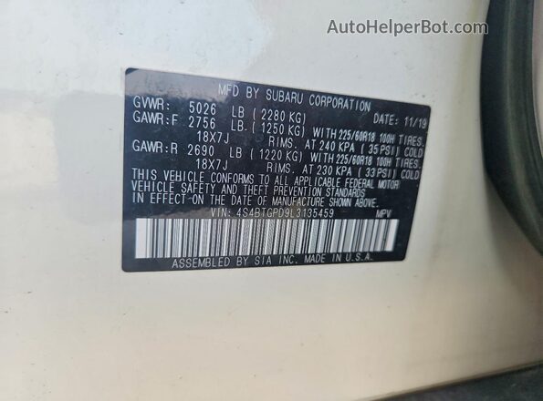 4S4BTGPD9L3135459 2020 SUBARU OUTBACK White Вид наклейки з VIN-кодом