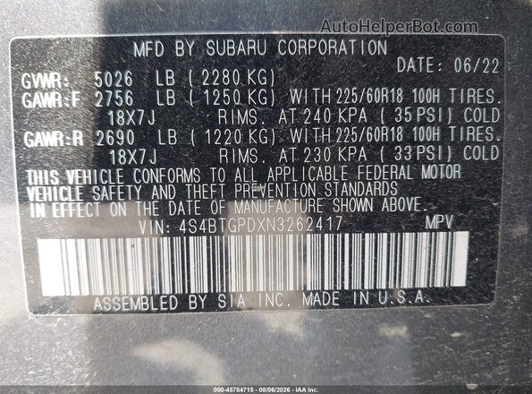 4S4BTGPDXN3262417 2022 SUBARU OUTBACK Gray Շարժիչի բաժամունքի տեսք