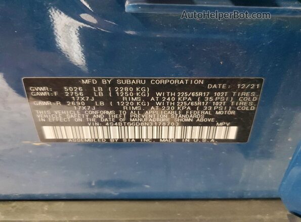 4S4BTGSD8N3178703 2022 SUBARU OUTBACK Blue Vista del compartimento del motor