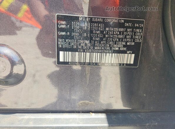 4S4BTGSDXR3286567 2024 SUBARU OUTBACK Gray Vista de la etiqueta del VIN
