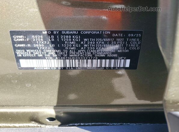 4S4BTGUD0S3321779 2025 SUBARU OUTBACK Green Вид наклейки з VIN-кодом