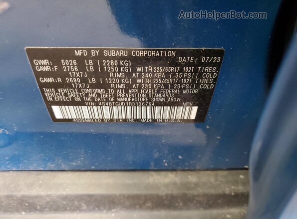 4S4BTGUD1R3136764 2024 SUBARU OUTBACK Blue ძრავის განყოფილების ხედი