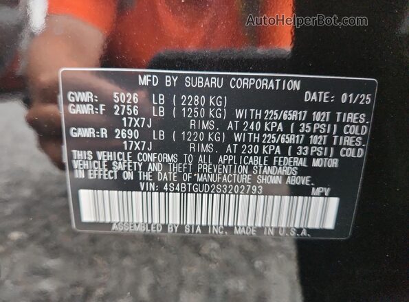 4S4BTGUD2S3202793 2025 SUBARU OUTBACK Black VIN sticker view