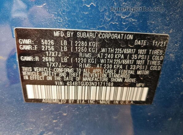 4S4BTGUD3N3171168 2022 SUBARU OUTBACK Синий Вид подкапотного пространства