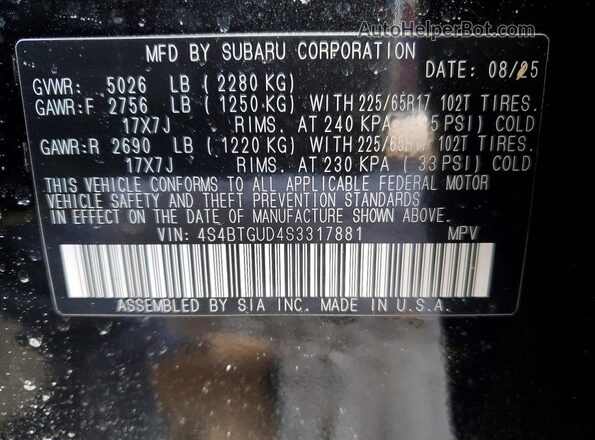 4S4BTGUD4S3317881 2025 SUBARU OUTBACK Black Vista de la etiqueta del VIN