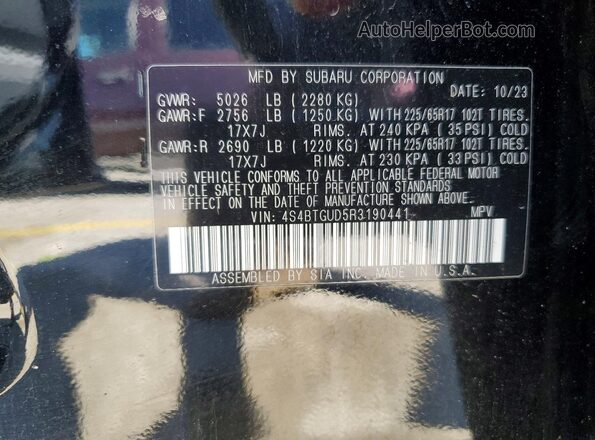 4S4BTGUD5R3190441 2024 SUBARU OUTBACK Черный Панорамный вид салона 360°