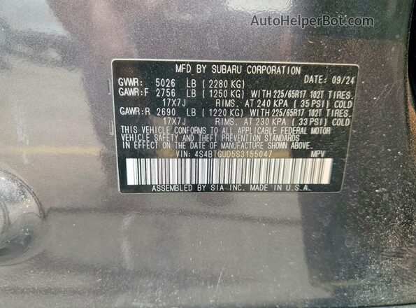 4S4BTGUD5S3155047 2025 SUBARU OUTBACK Серый Вид наклейки с VIN-кодом
