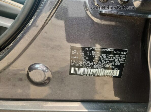 4S4BTGUD6P3136403 2023 SUBARU OUTBACK Gray Widok naklejki z numerem VIN