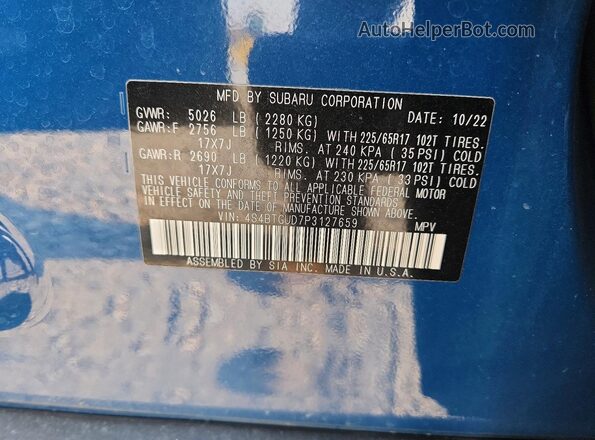 4S4BTGUD7P3127659 2023 SUBARU OUTBACK Синий Вид наклейки с VIN-кодом