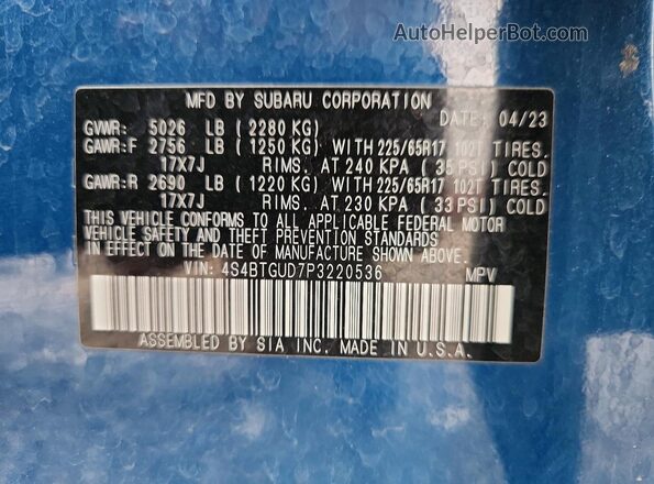 4S4BTGUD7P3220536 2023 SUBARU OUTBACK Blue Вид підкапотного простору