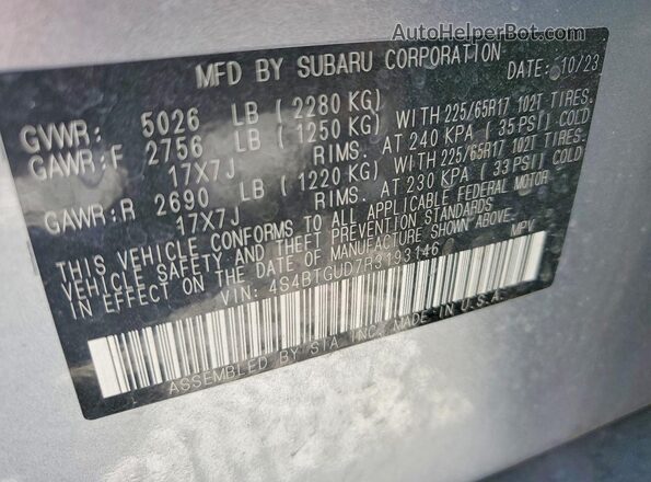 4S4BTGUD7R3193146 2024 SUBARU OUTBACK Silver VIN sticker view