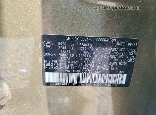 4S4BTGUD7S3148309 2025 SUBARU OUTBACK Green VIN sticker view