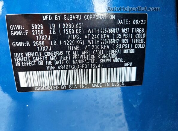 4S4BTGUD9R3118240 2024 SUBARU OUTBACK Blue VIN կոդի պիտակի տեսք