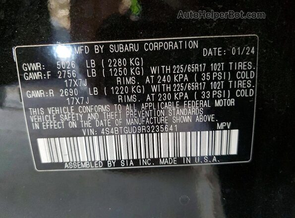 4S4BTGUD9R3235641 2024 SUBARU OUTBACK Black ძრავის განყოფილების ხედი