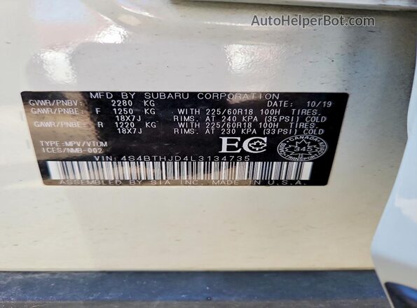4S4BTHJD4L3134735 2020 SUBARU OUTBACK White VIN կոդի պիտակի տեսք